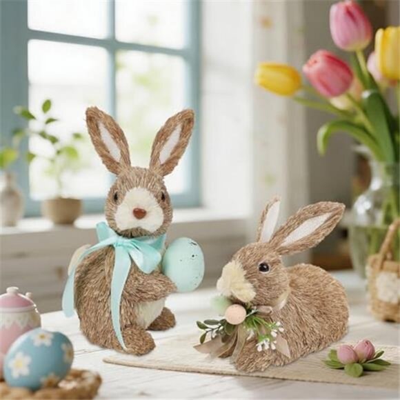 Set of 2 Easter Decorations Bunny Figurines with Eggs Spring Straw - Picture 9 of 14